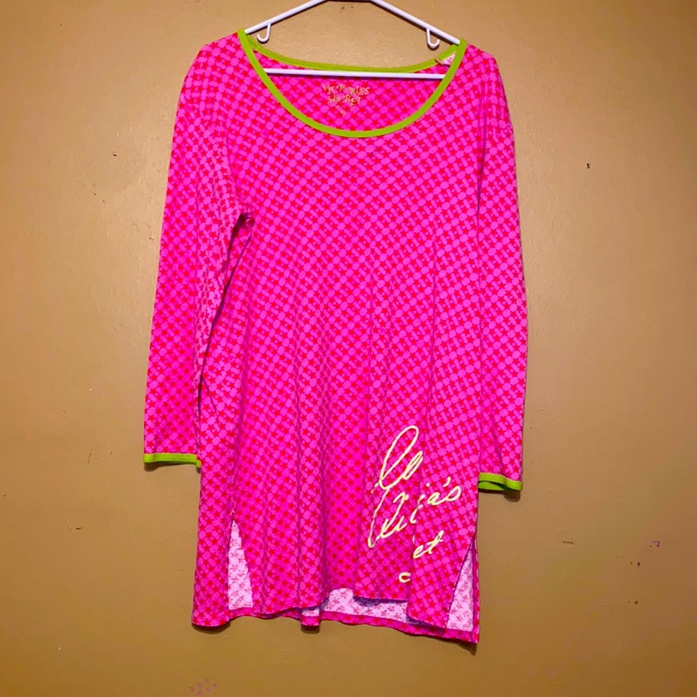 Vintage Victoria's Secret Medium Pink Green Trim Stars 32" Gown Love VS